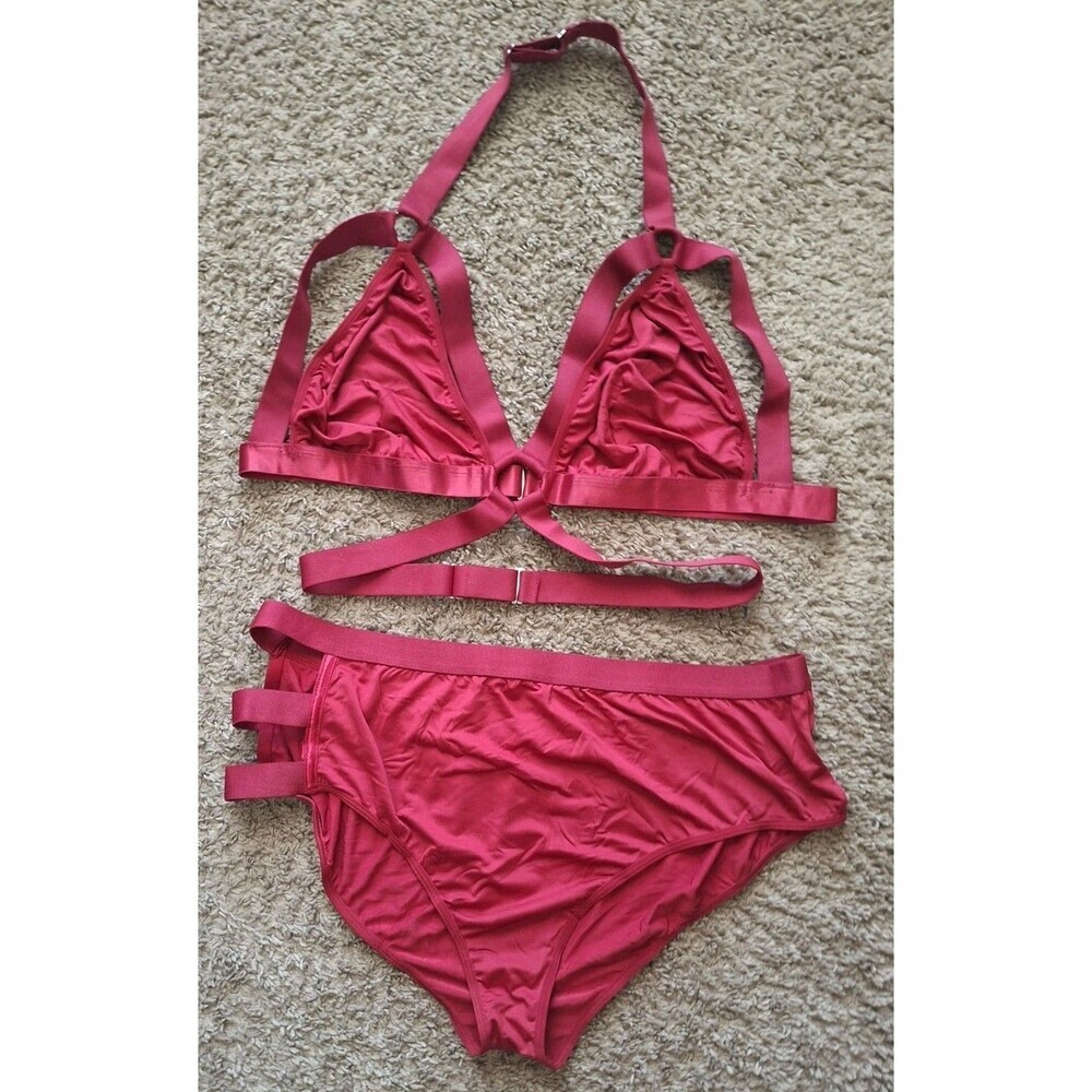 Women Two Piece Strappy Triangle Bralette Set Size 4X Burgundy Red Lingerie